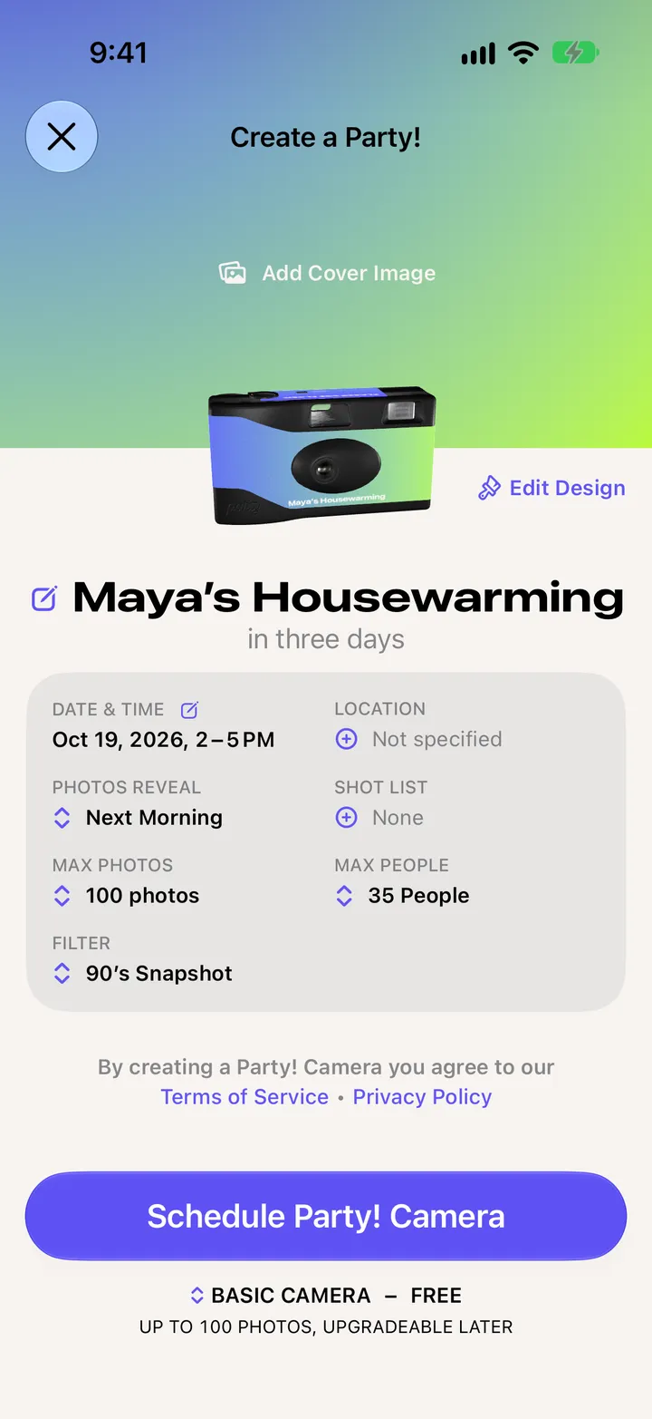 Step 4: Tap Schedule Party! Camera