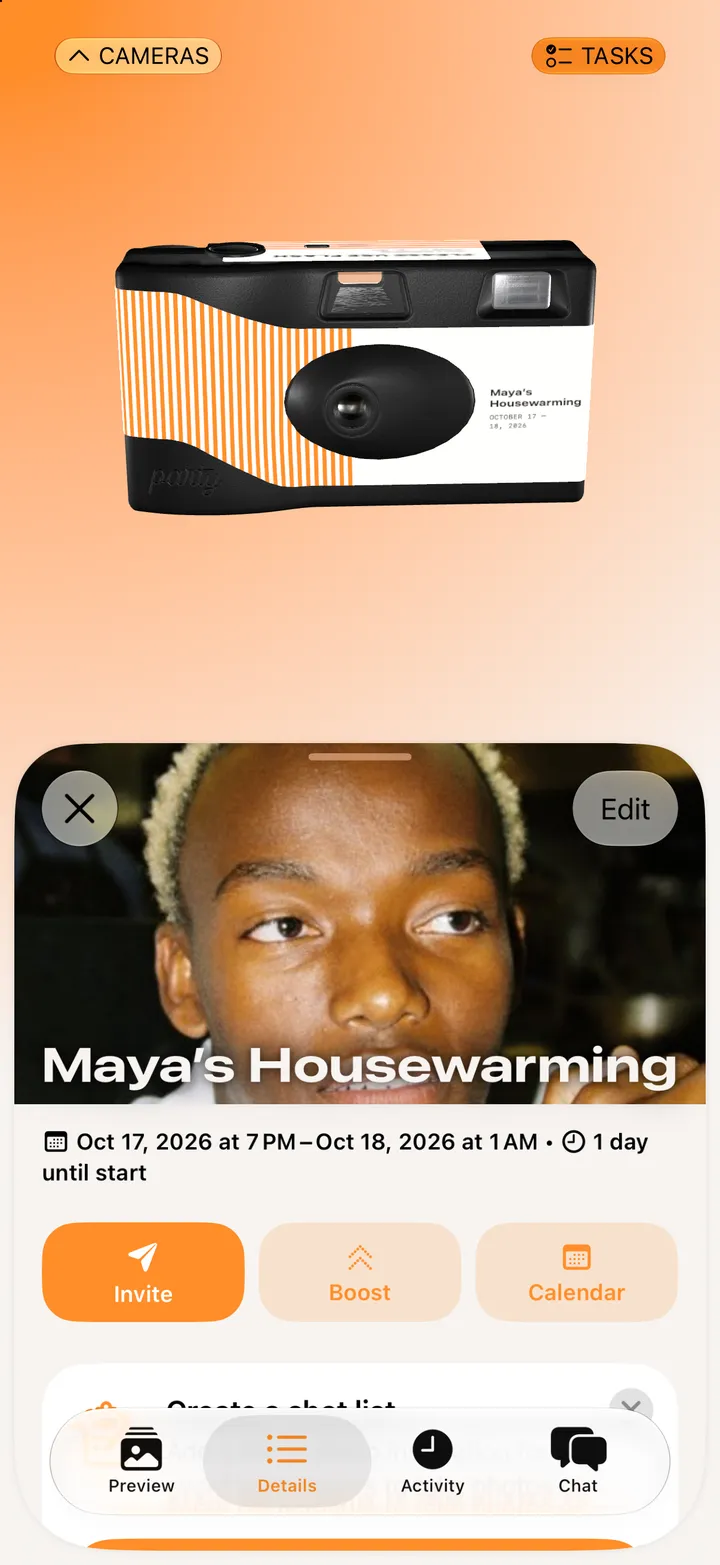 Step 1: Tap Party! Details, then Edit